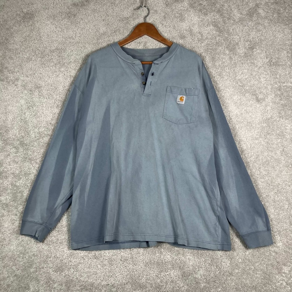 Carhartt Henley Shirt Men XL Blue Pocket Tee Distressed Sunfaded Shia LaBeouf